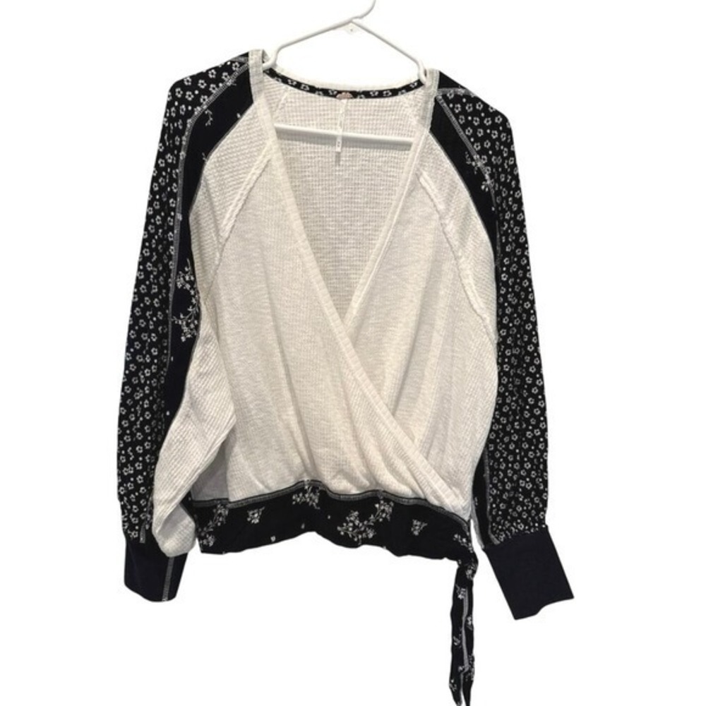 Free People Womens Boho Thermal Wrap Top Floral Mixed Media M White Black Waffle